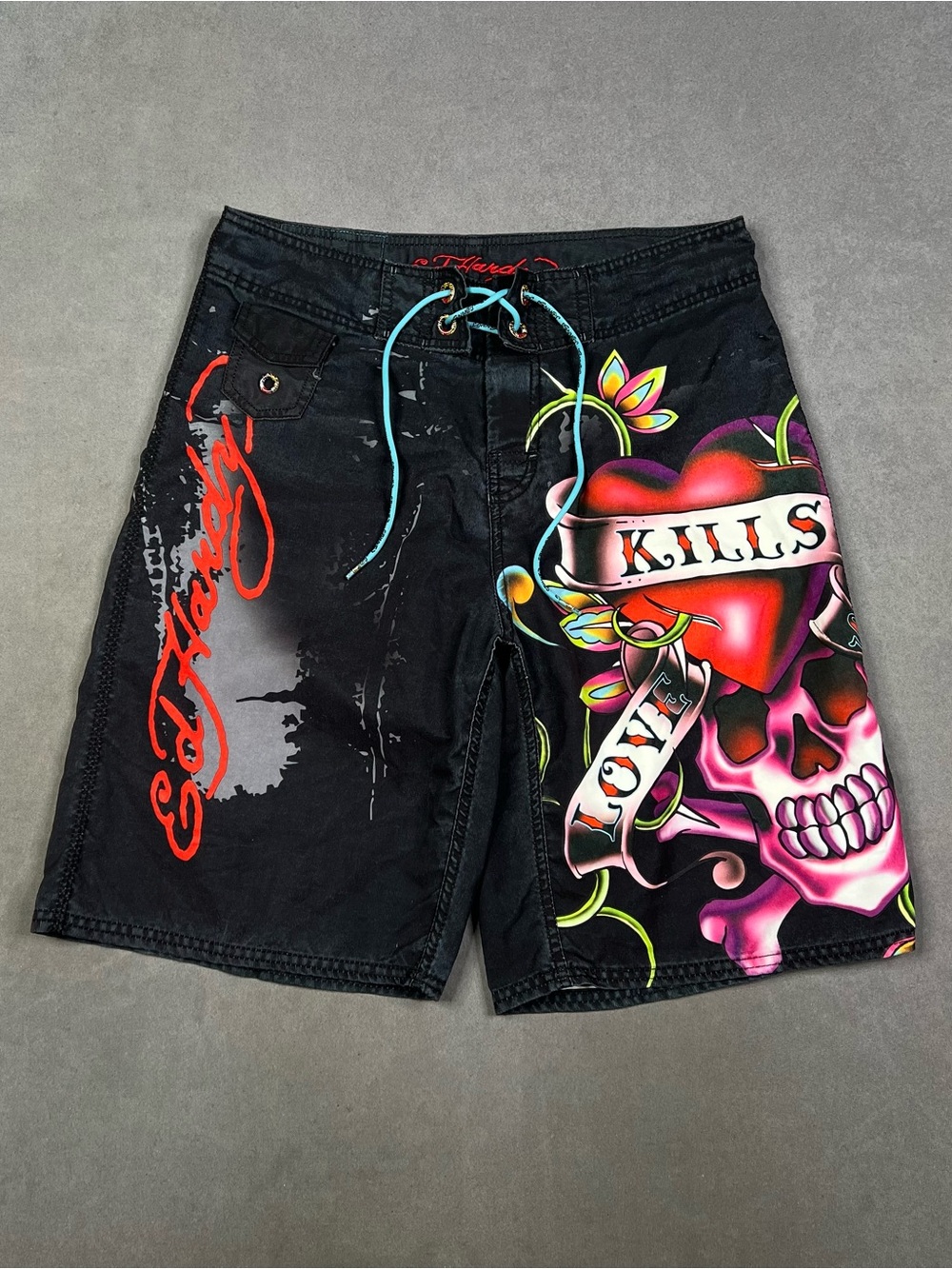 Ed Hardy Black Swim Board Shorts with Neon Heart & Skull Artwork